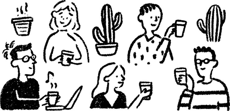 Coffee and cactus illustration featuring people enjoying drinks. This is a black and white vector set showcasing a casual indoor atmosphere.