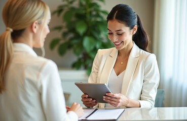 Two women talk at a spa reception. One holds a tablet device for booking an appointment. They communicate at a clean counter, smiling during a pleasant interaction for wellness services.