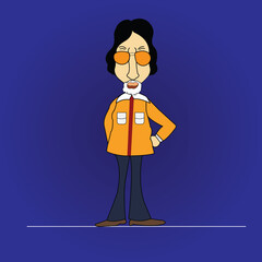 A modern cartoon-style character illustration featuring a man with wavy black hair, orange sunglasses, and a white beard. He is wearing an orange winter jacket with pockets.