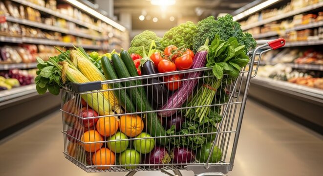 A full shopping cart with fresh produce at a supermarket