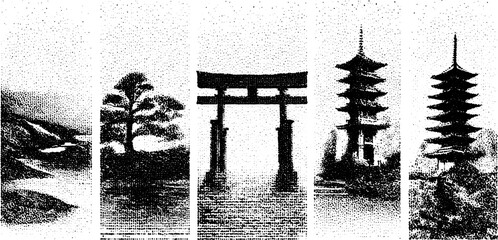 Fototapeta premium Landscape featuring traditional Japanese elements: torii gate, pagoda, and tree. Simple black and white vector illustration showcasing a scenic view.