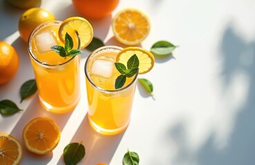 Two refreshing orange drinks with ice cubes, lemon slices, mint leaves sit on white table. Fresh citrus fruits, green leaves surround glasses. Natural sunlight creates trendy shadows. Vibrant summer