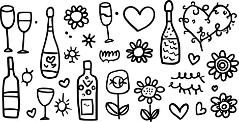 Hand-drawn silhouette graphics featuring flowers, glasses, and hearts. This set of black outline vector illustrations showcases festive elements.