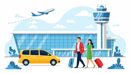 Man and woman with luggage heading to the airport terminal after arriving in a yellow shuttle van. Modern air travel concept illustration © PDWN Creative