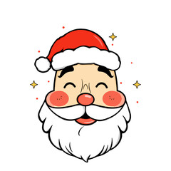 A cute cartoon illustration of Santa Claus's face with closed eyes, rosy cheeks, and a fluffy white beard, set on a transparent  background with festive stars.