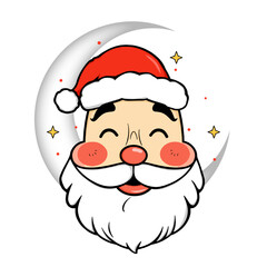A delightful cartoon illustration of Santa Claus nestled within a crescent moon, exuding holiday cheer with a warm smile and rosy cheeks. Sparkling stars add a touch of magic to the png background.