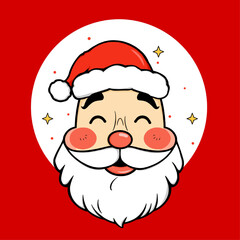 A cute cartoon illustration of Santa Claus's face, featuring a smiling expression, rosy cheeks, and a white beard, set against a red background with a white circle and small stars.