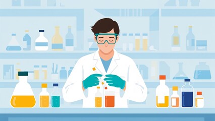 Biochemical lab technician analyzing samples in a modern lab background, flat design illustration for a poster or banner