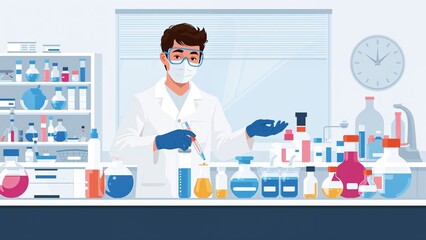 Biochemical lab technician analyzing samples in a modern lab background, flat design illustration for a poster or banner