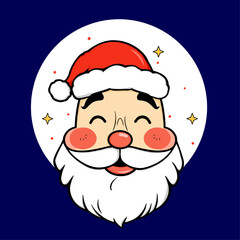 This illustration features a cartoon Santa Claus head with a red hat, rosy cheeks, a white beard, and twinkling star accents on a blue background with a white circle framing his face.