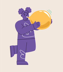 Girl standing and blowing a balloon. Colorful vector illustration