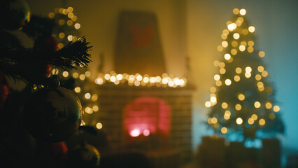 Christmas Tree Silhouette in a Living Room Near the Fireplace
