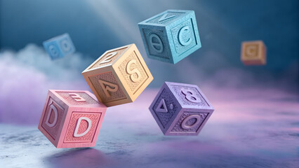 Floating pastel colored 3d alphabet blocks with engraved letters and symbols in soft light full hd 4k stock image download