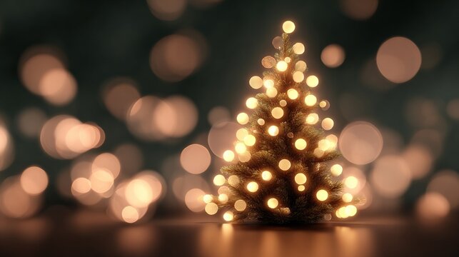 A small christmas tree glows with warm lights against a blurred backdrop of bokeh