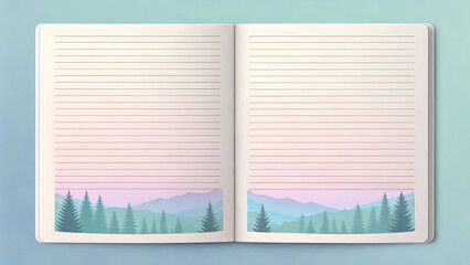 Open lined notebook with pastel mountain and forest landscape illustration at bottom full hd 4k stock image download
