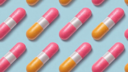 Pink and orange glitter capsules on a light blue background