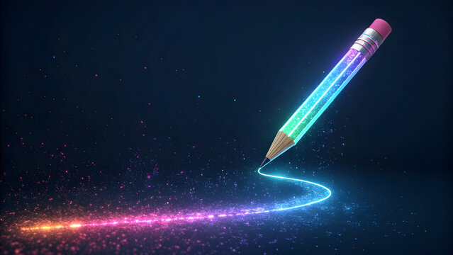 Glowing neon pencil drawing a vibrant light trail on dark full hd 4k stock image download background
