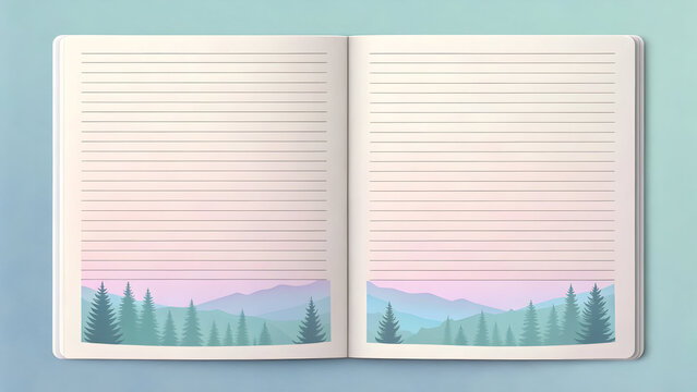Open lined notebook with pastel mountain and forest landscape illustration at bottom full hd 4k stock image download