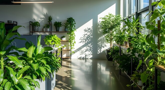 Bright office space filled with lush green plants and natural sunlight