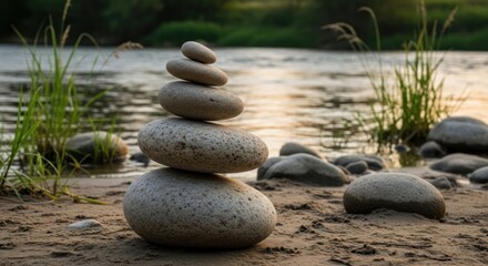 Zen balance stones stacked on a sandy beach with calm river background serenity concept