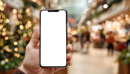 Hand Holding Phone with Blank Screen in Shopping Mall.
