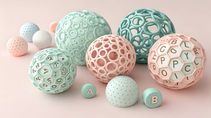 Pastel spheres with intricate geometric patterns and alphabet letters full hd 4k stock image download