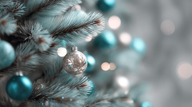A silver Christmas ornament hangs on a blue frosted tree branch with blurred lights in the background - Powered by Adobe