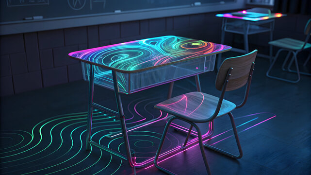 Futuristic classroom desk with glowing neon swirls and holographic projection on floor full hd 4k stock image download