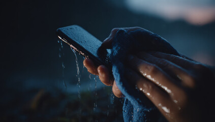 Close-up of Hand Wiping Wet Smartphone with Cloth.