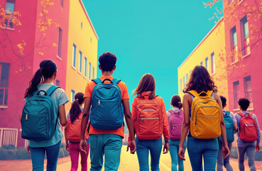 Group of diverse teenagers walk to school. Students with backpacks go together on street. The photo features back view in a colorful urban environment. Education and youth.