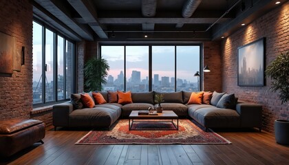 Living room interior with brick walls. Sofa is sectional and gray with orange cushions. Hardwood floors are dark. Large windows show city skyline. Modern industrial design apartment or home interior.