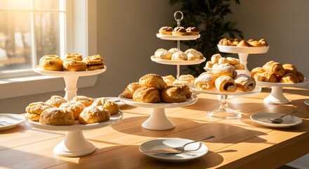 Naklejka premium An array of pastries arranged on a wooden table in front of a window