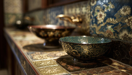 Ornate Bathroom Sinks with Intricate Floral Designs and Tiled Countertop.
