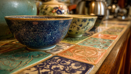 Elegant Tea Bowls on a Colorful Tiled Surface.