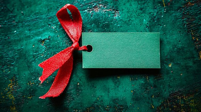 Blank gift tag with red ribbon on a textured green background suitable for holidays or special occasions