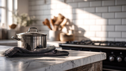 Elegant Kitchen Still Life - Pot, Cloth, and Marble Countertop.