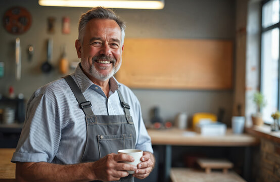 Smiling middle aged man in overalls holds coffee cup in workshop. He works with wood, making furniture in his personal craft space, enjoying his hobby.