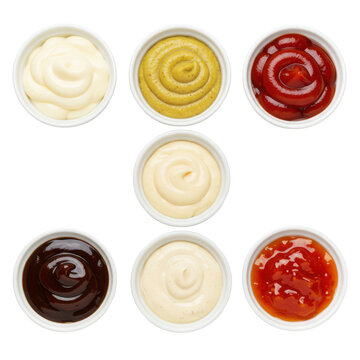 Six small white ceramic ramekins holding distinct, glossy, vibrant sauces on a transparent background, arranged precisely. Diverse condiment options