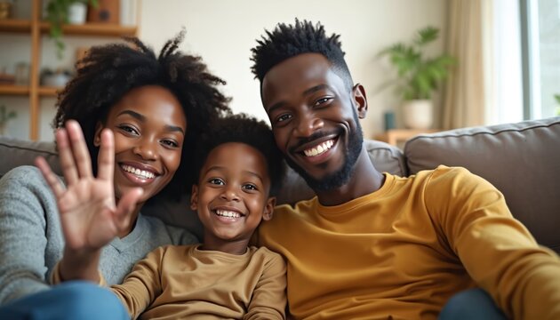 Joyful African American parents, young son sit comfortably on gray couch. Look directly at camera, smiling brightly for online video call. Mother waves hand, greeting distant family, friends in cozy - Powered by Adobe