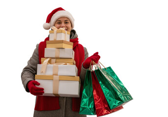 Holiday shopper carrying gifts and bags in festive attire during the winter season
