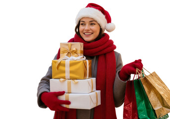 Young woman smiling while carrying Christmas gifts and shopping bags in a festive outfit