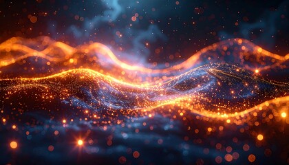 Luminous orange and blue waves ripple, with glittering bokeh particles on a dark background, creating a dynamic flow