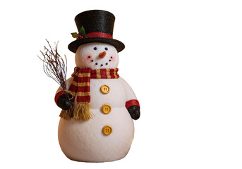 Snowman with a black top hat and colorful scarf stands proudly, holding a bundle of twigs in a festive winter setting