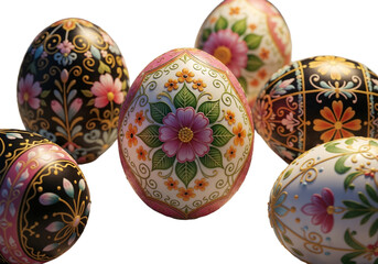 Colorful hand-painted Easter eggs displayed in a creative arrangement on a transparent background during springtime celebration