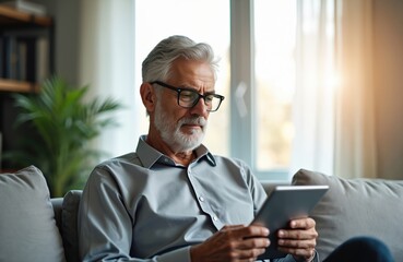 Senior man with gray hair, beard sits on sofa, wearing glasses. Intently uses modern digital tablet device. Adult male reads, works from home office, relaxes. Enjoys tech for business, personal use,