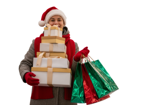 Holiday shopper carrying gifts and bags in festive attire during the winter season