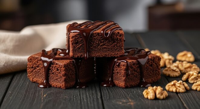 Close up of delicious chocolate brownies with drizzled icing on wooden table