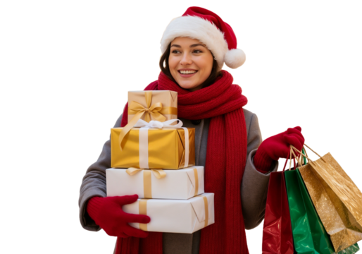 Young woman smiling while carrying Christmas gifts and shopping bags in a festive outfit
