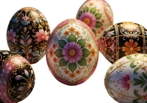 Colorful hand-painted Easter eggs displayed in a creative arrangement on a transparent background during springtime celebration