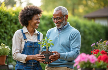 Happy African senior man, young woman smile, holding small plant pot together. Share joyous gardening moment in home backyard terrace. Diverse family enjoys growing greens, colorful flowers outdoors,